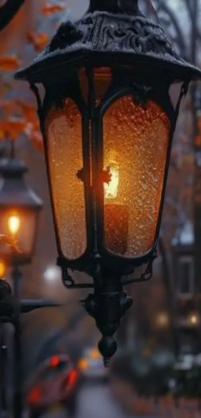 Cozy autumn streetlamp glowing warmly in fall setting.