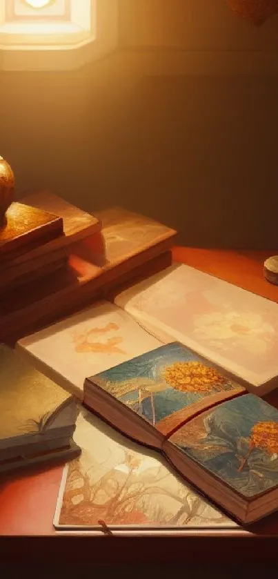 Cozy study desk with vintage books and warm lighting.