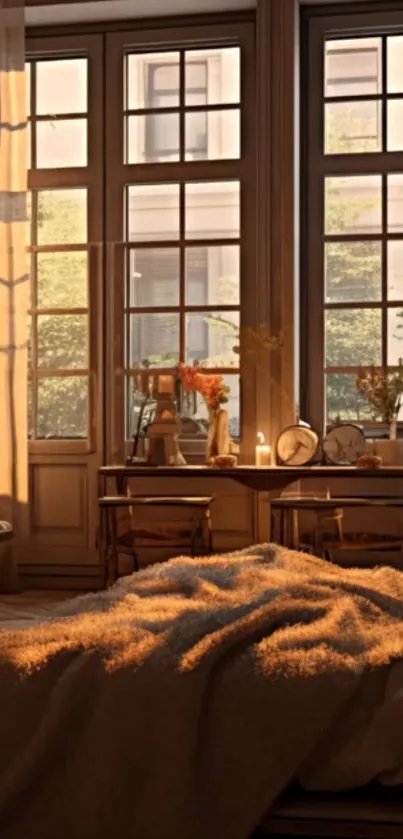 Cozy bedroom with warm sunlight and soft textures.