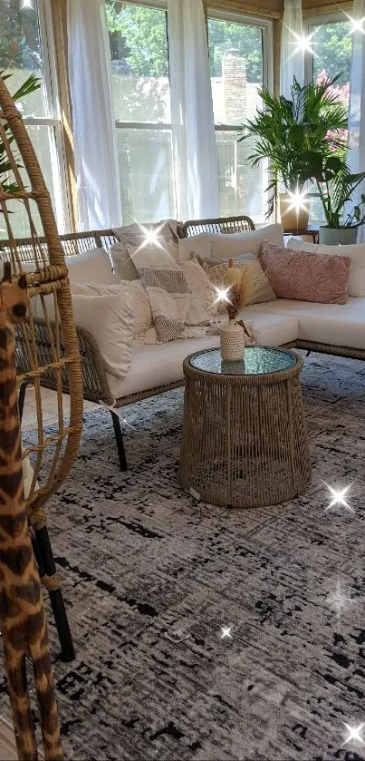 Cozy sunlit living room with white furniture and green plants.