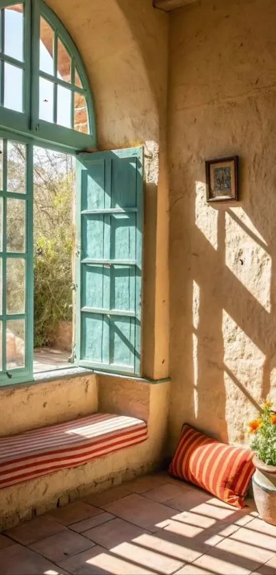 Sunlit cozy corner with rustic charm and window seat.