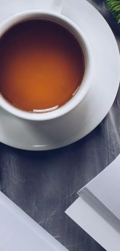 A cozy scene with tea and an open book on a gray background.