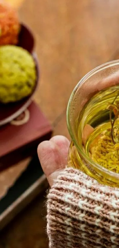 Hand holding herbal tea with cookies and books on a wooden table.