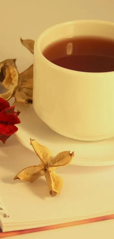 Cozy wallpaper with tea cup, dried leaves, and notebook in warm tones.