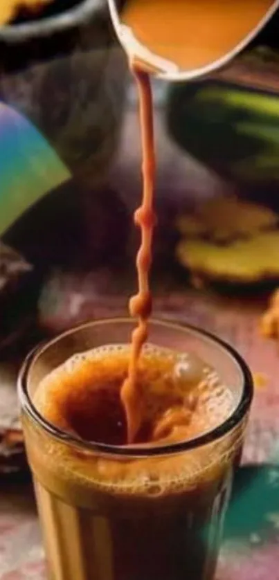 Cozy tea being poured into a glass cup.