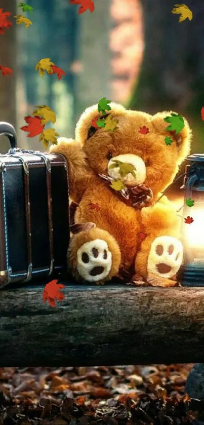 Teddy bear with lantern and suitcase in forest setting wallpaper.