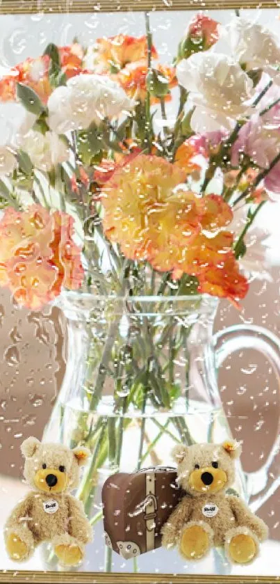 Teddy bears with floral vase mobile wallpaper featuring raindrop effect.