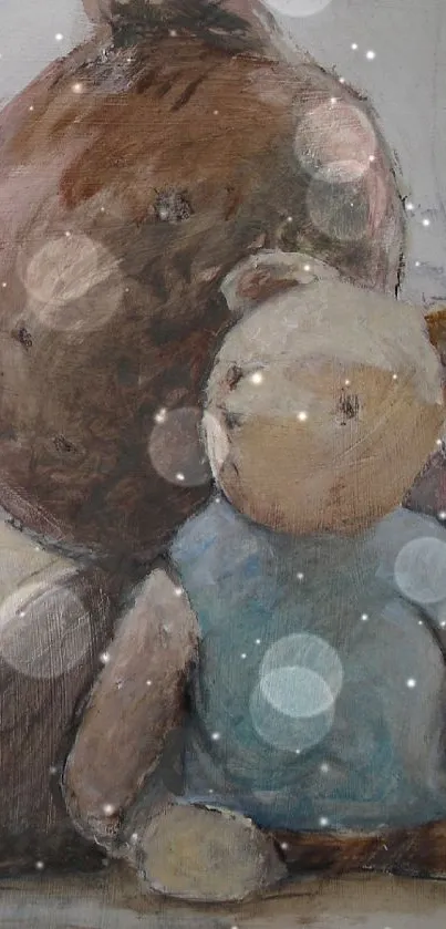 Artistic wallpaper of cozy teddy bears in soft neutral tones.