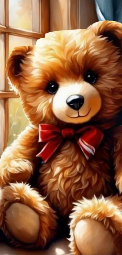 Adorable teddy bear with red bowtie by a sunny window.