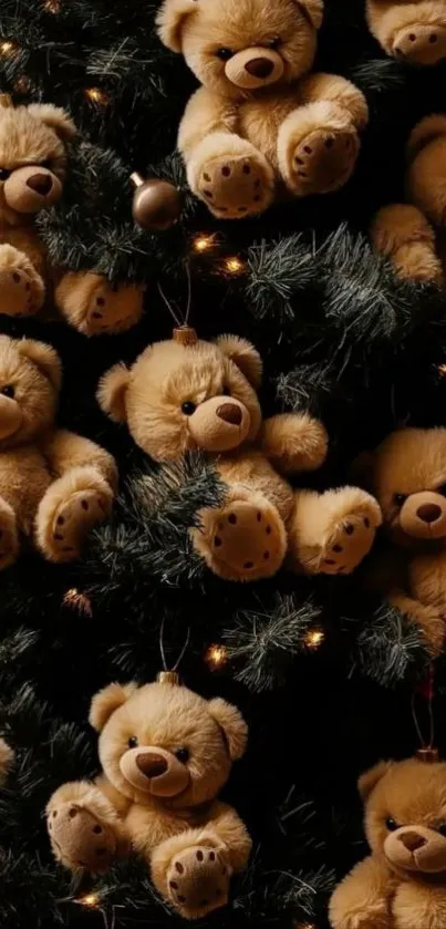 Teddy bear Christmas tree wallpaper with cozy festive vibe.