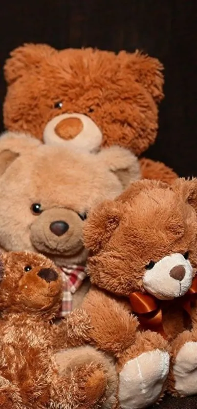 A stack of cozy teddy bears on a dark background as a phone wallpaper.