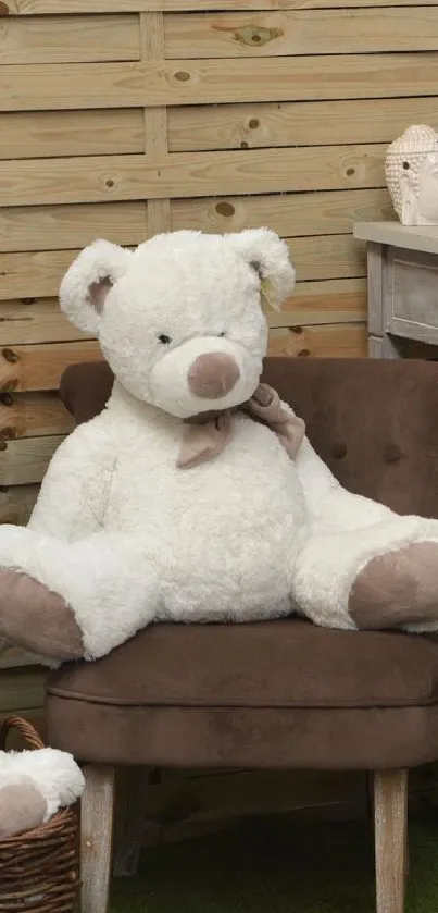 Cozy giant teddy bear on a brown chair against a wooden background.