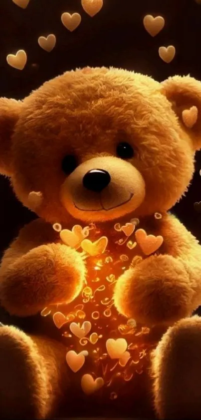 Teddy bear with glowing hearts, creating a warm, cozy ambiance.