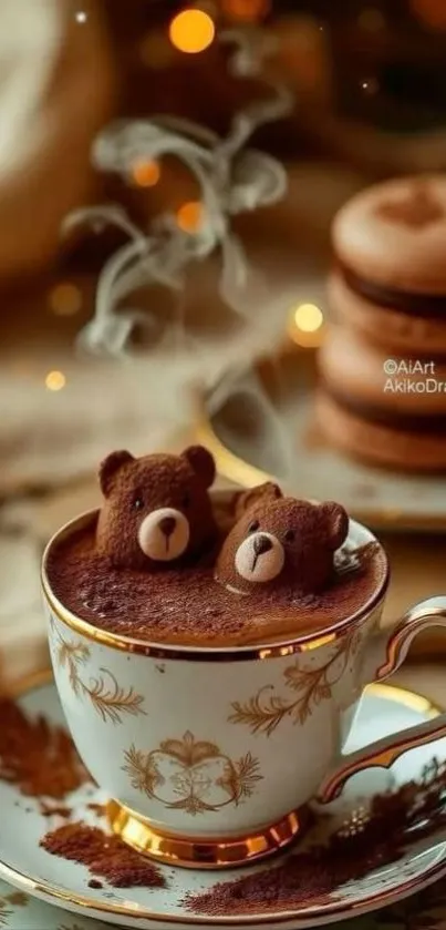 Charming latte art with teddy bears in a coffee cup.