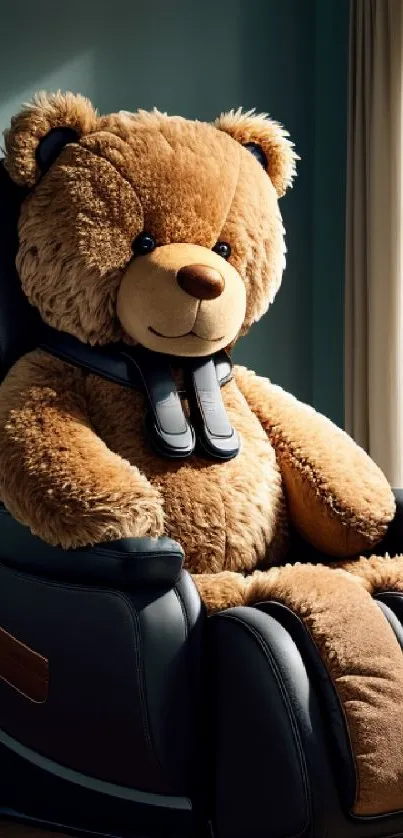 A large teddy bear sitting in a comfy massage chair by a window.