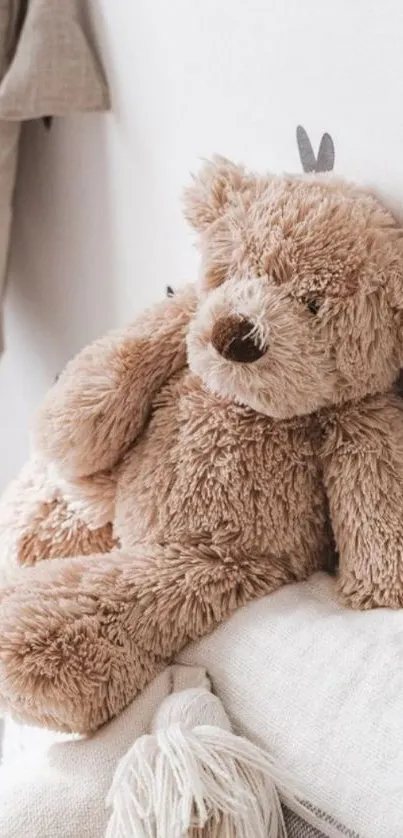 A cozy teddy bear rests in a soft, beige-toned room.