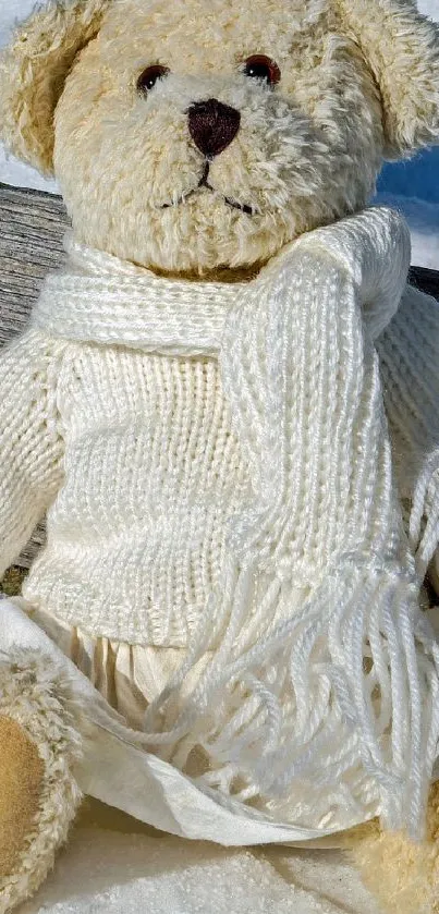 Adorable teddy bear in white sweater on snow.