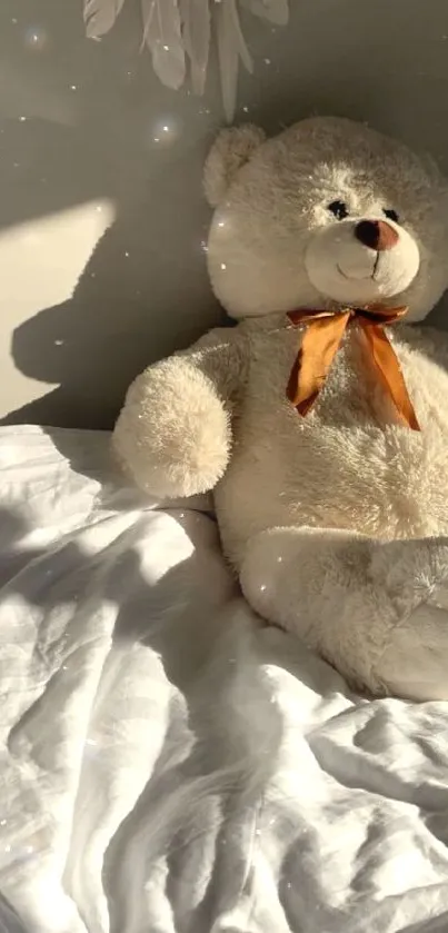 Cozy teddy bear on soft white bedding with warm sunlight.