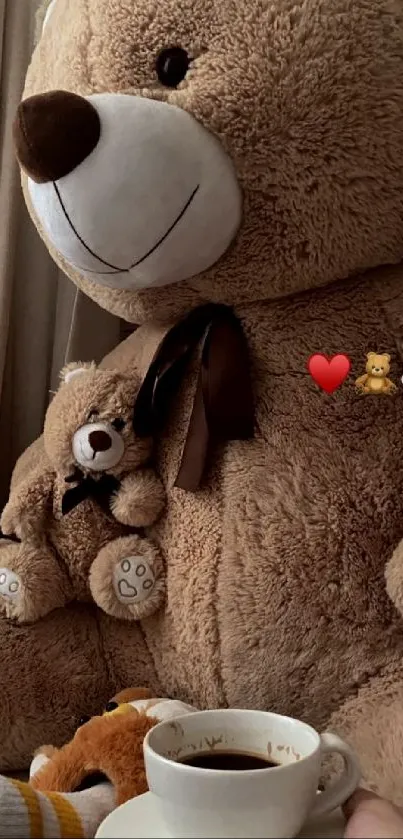 Cozy teddy bear with coffee in soft lighting.