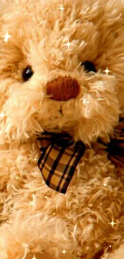 Cozy teddy bear with a plaid bow, perfect for a cute mobile wallpaper.