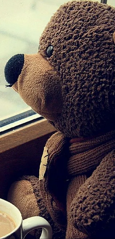 Teddy bear enjoying a drink by the window.