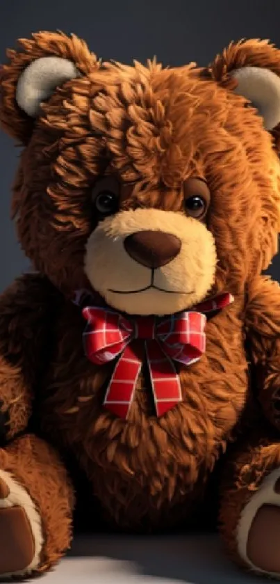 Cute teddy bear with red bow on a dark background.