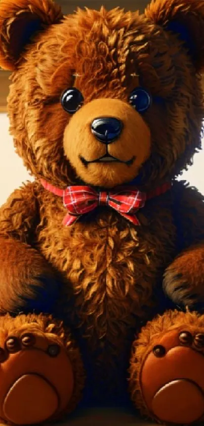 Adorable brown teddy bear with a red bow tie sitting in a cozy room.