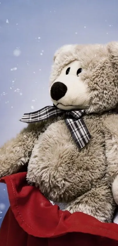 Teddy bear with gifts in a snowy Christmas scene.