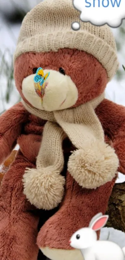 Cozy teddy wearing a hat in a snowy scene with a bunny.