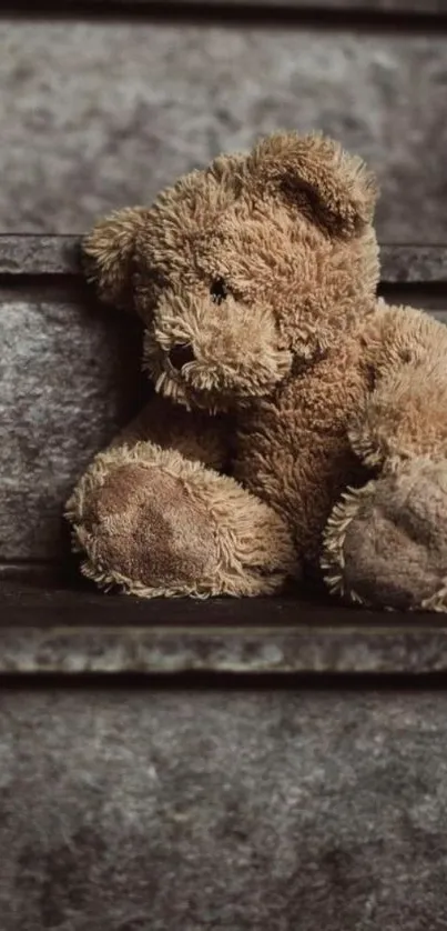 Brown teddy bear on stone steps, vintage look.