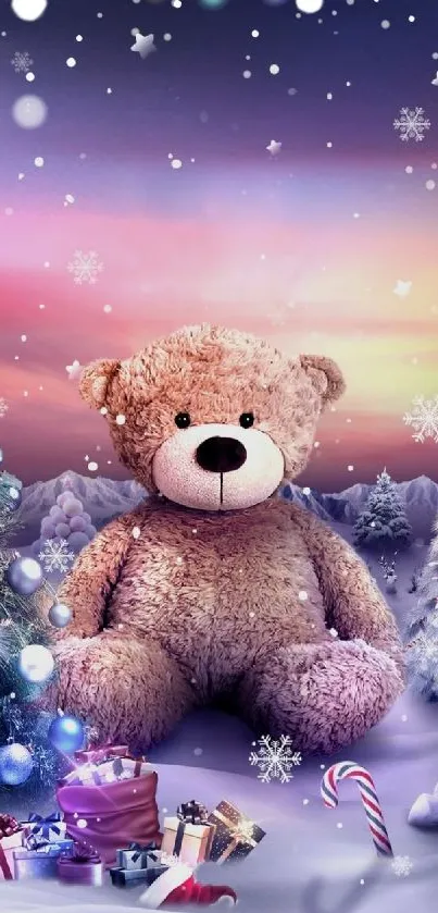 Teddy bear in a snowy festive winter scene with sunset and decorations.