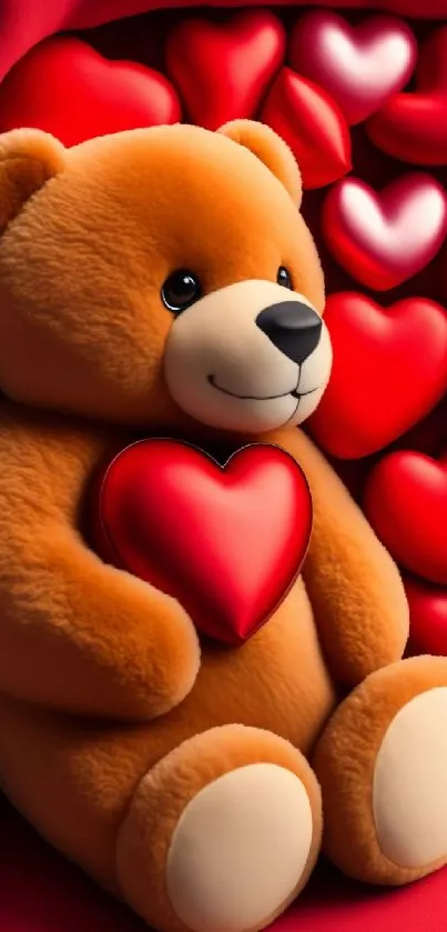 Cute teddy bear holding a red heart with heart-shaped decorations on a red background.