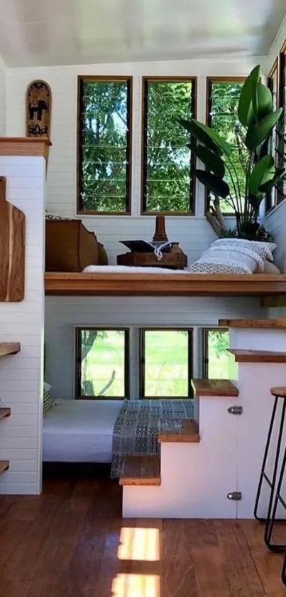 Cozy tiny house interior with wooden accents and plants.