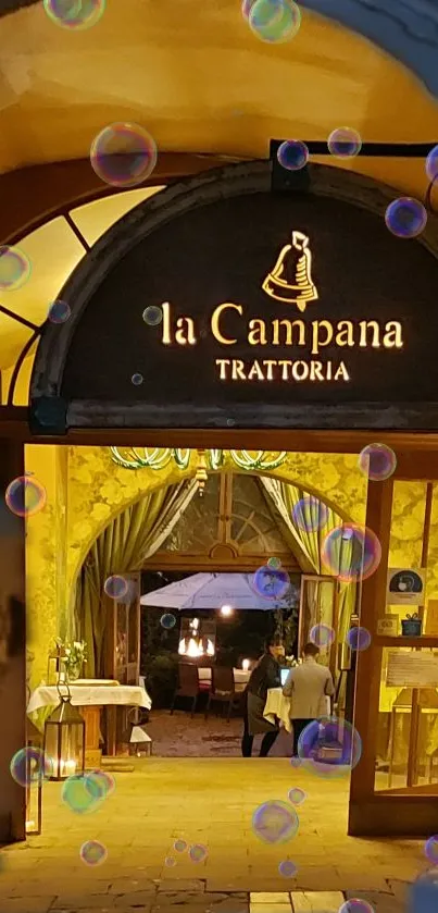 Cozy trattoria entrance with warm lighting and bubbles.