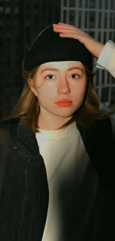 Woman in black beret against city backdrop.