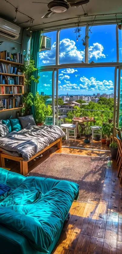 Cozy urban apartment with city view and vibrant décor.