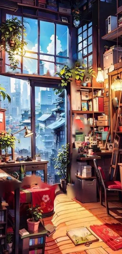 Cozy urban study with city view and greenery wallpaper.