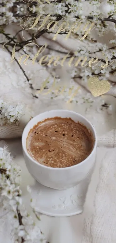 Valentine's coffee cup with blossoms and cozy atmosphere.