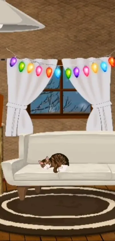 Cozy room with cat and festive lights on a sofa.