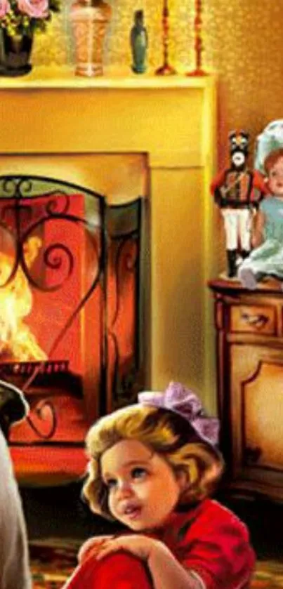 Vintage scene with a cozy fireplace and toys.