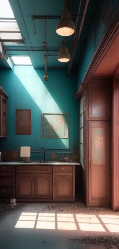 Vintage kitchen with teal walls and skylight, creating a cozy atmosphere.