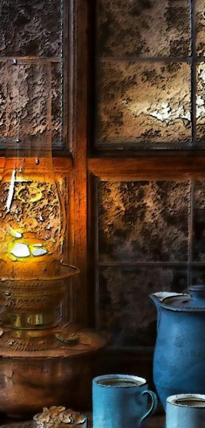 Vintage lamp on rustic window sill with mugs and kettle.