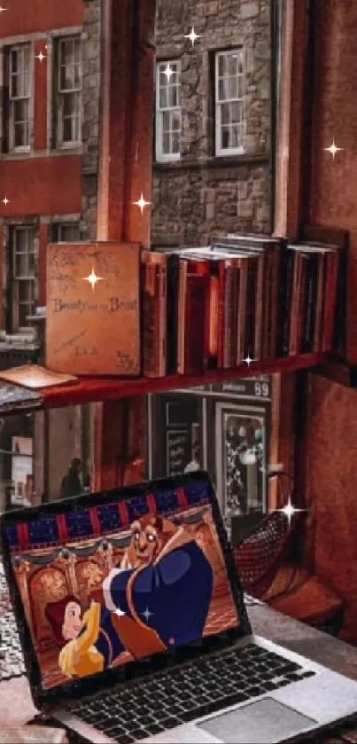 Cozy vintage library wallpaper with books and a laptop.