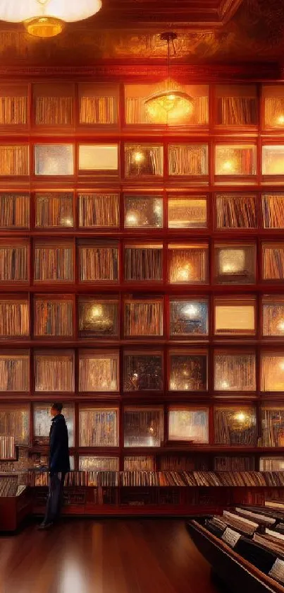 Vintage library with warm lighting and high bookshelves.