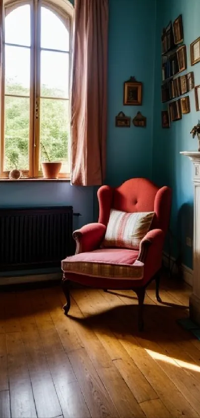 Cozy vintage room with red armchair and classic fireplace.
