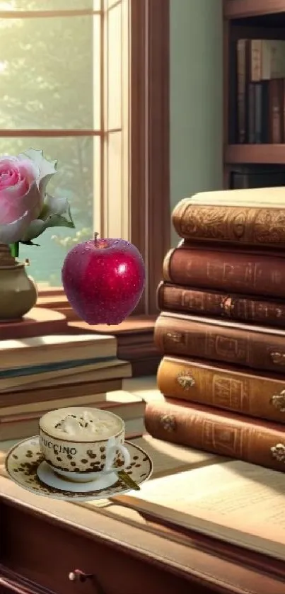 Vintage study with books, rose, apple, and coffee on sunny desk.
