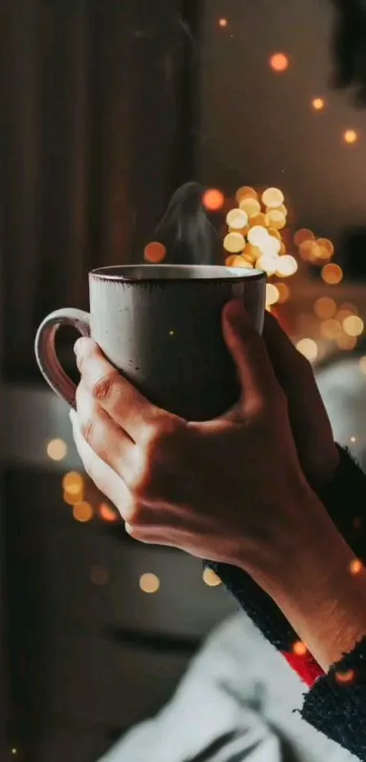 Hands holding a warm mug with glowing bokeh lights in the background.