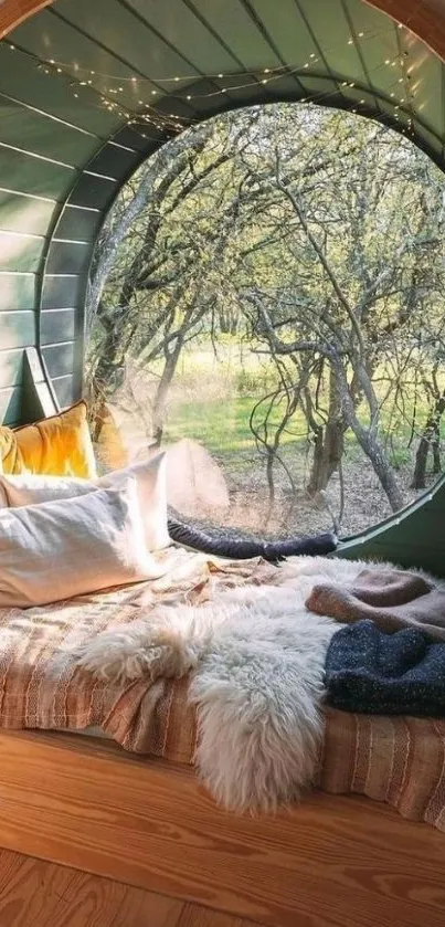 Cozy nook with pillows by a round window overlooking nature.