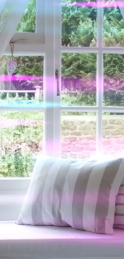 Cozy window nook with white curtains and plush pillows in natural light.