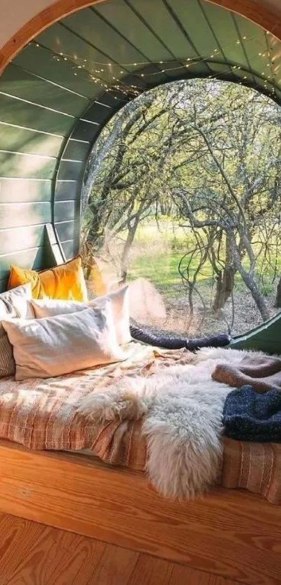 Cozy nook with window view featuring pillows and warm lighting.